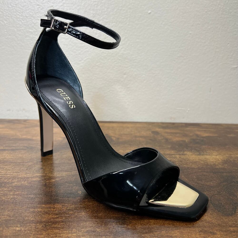 Guess Divine Pumps 7.5 Black Gold Ankle Strap Stiletto Heel Patent Dress Sandals